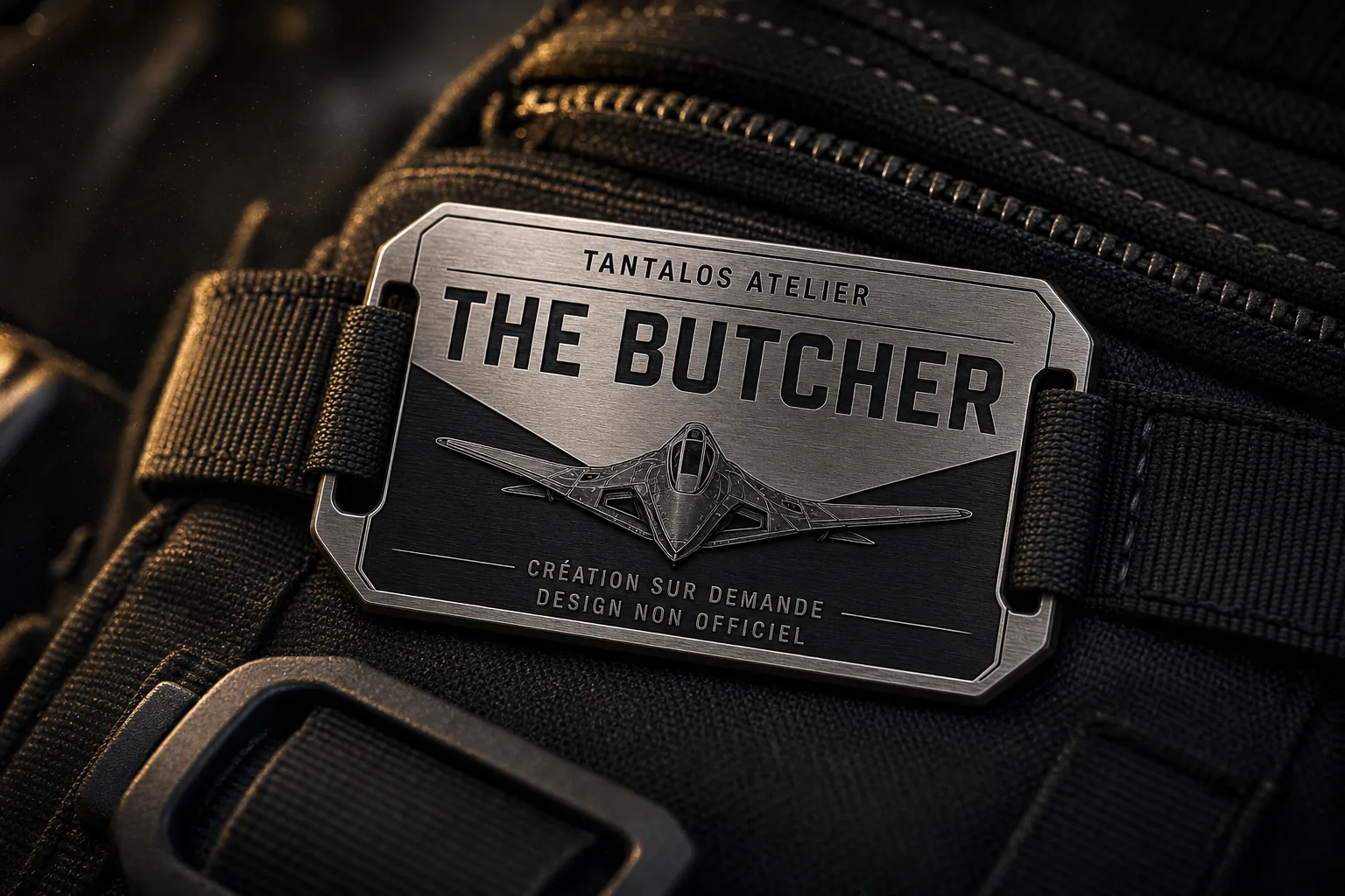 Prototype visuel d’un badge métallique rectangulaire fixé sur un sac de vol